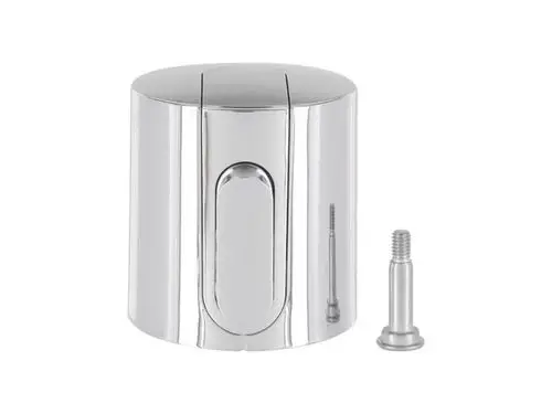 Mengenregelgriff aus Chrom von Ideal Standard. Rundes, glänzendes Design mit einer seitlichen Betätigungsfläche. Schraube zur Befestigung daneben.